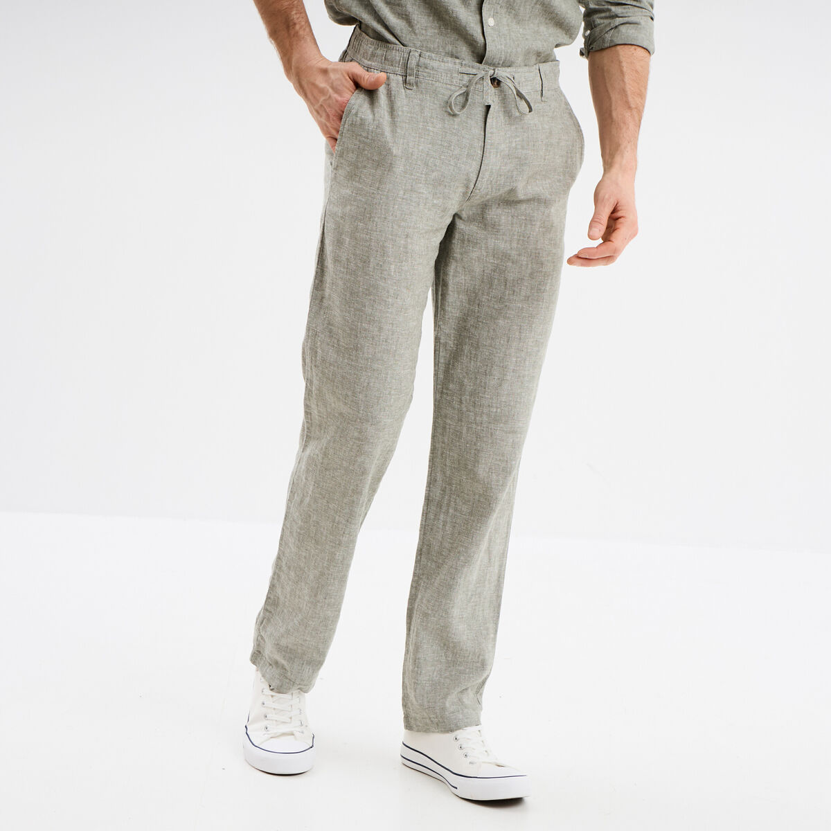 Pantalon chino droit lin m&eacute;lang&eacute; vert kaki homme