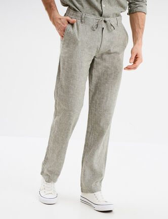 Pantalon chino droit lin m&eacute;lang&eacute; vert kaki homme