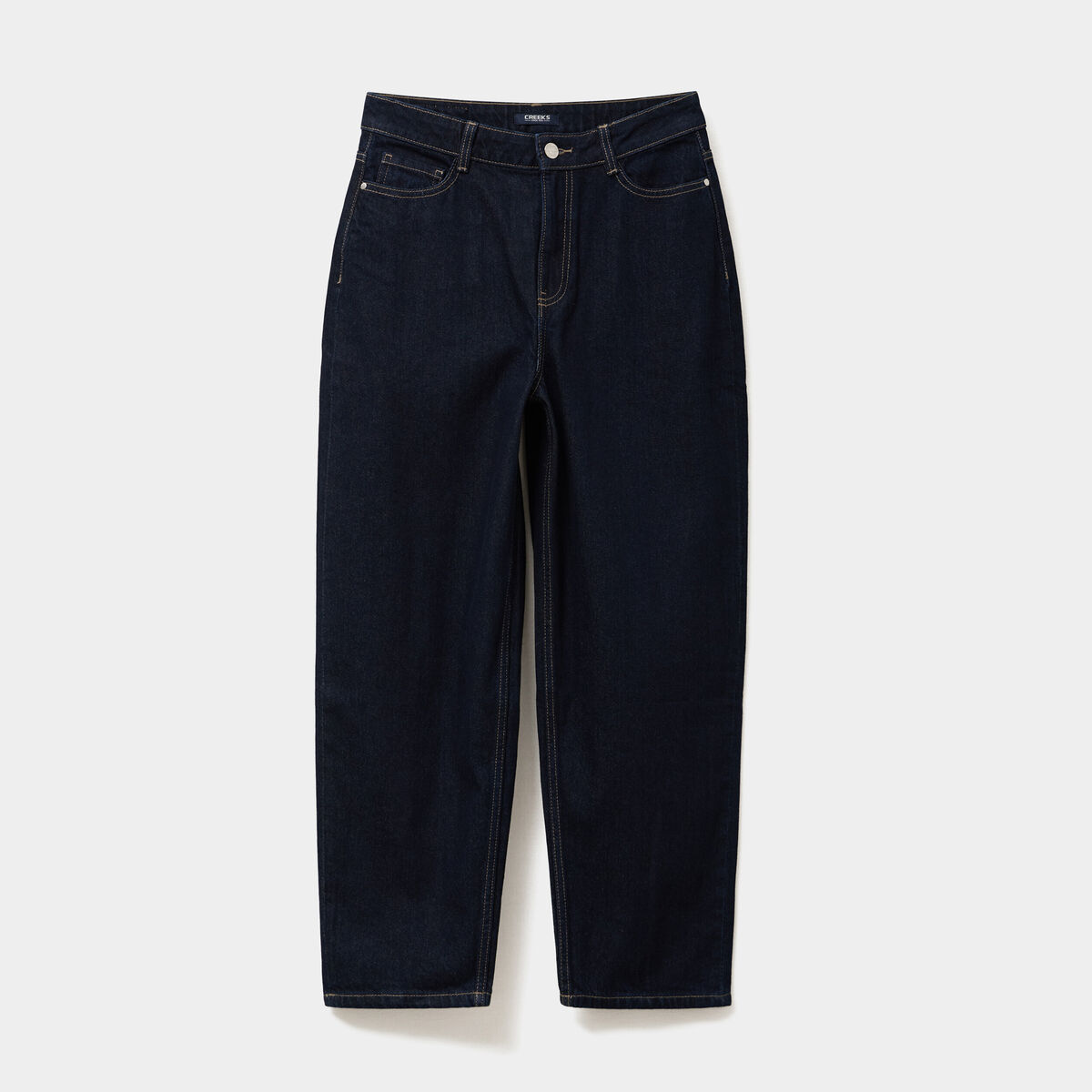 Jean balloon taille haute cropped coton denim brut femme