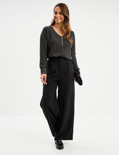 Pull chauve-souris col en V détail zippé noir femme