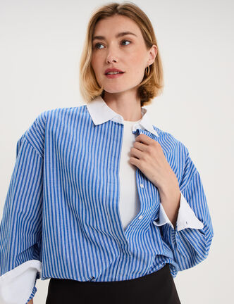 Chemise oversize col contrast&eacute; bleu femme