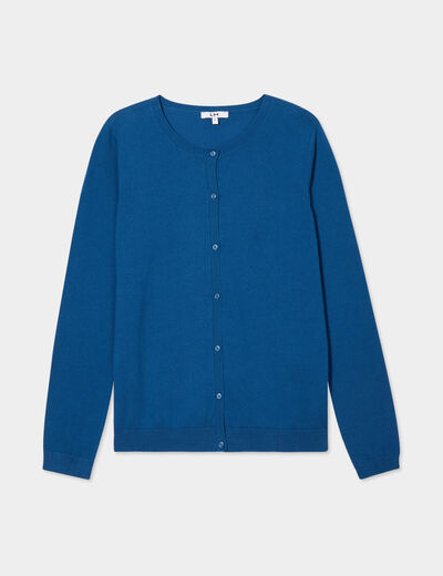 Gilet manches longues boutonné col rond bleu foncé femme