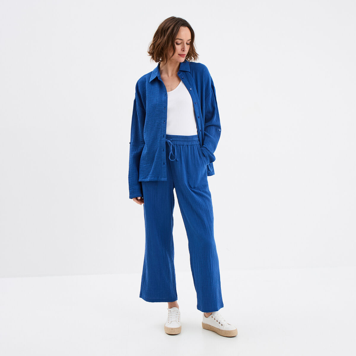 Chemise manches longues en gaze de coton bleu marine femme