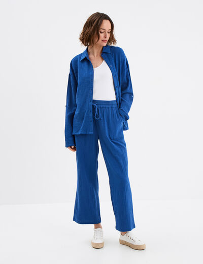 Chemise manches longues en gaze de coton bleu marine femme