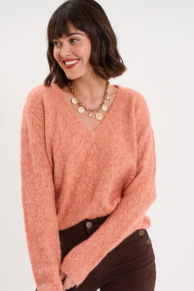 Pull col V ajour&eacute; manches longues rose corail femme