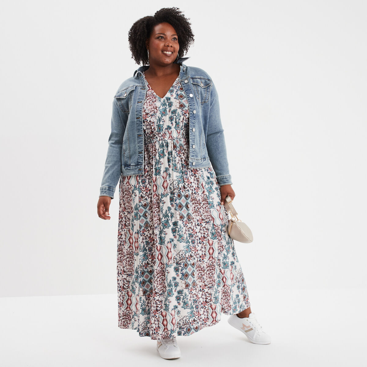 Robe longue col en V fluide ecru femme grande taille