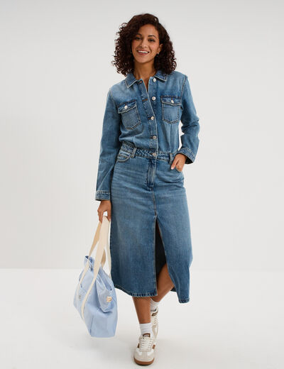Robe longue en jean manches longues denim double stone femme