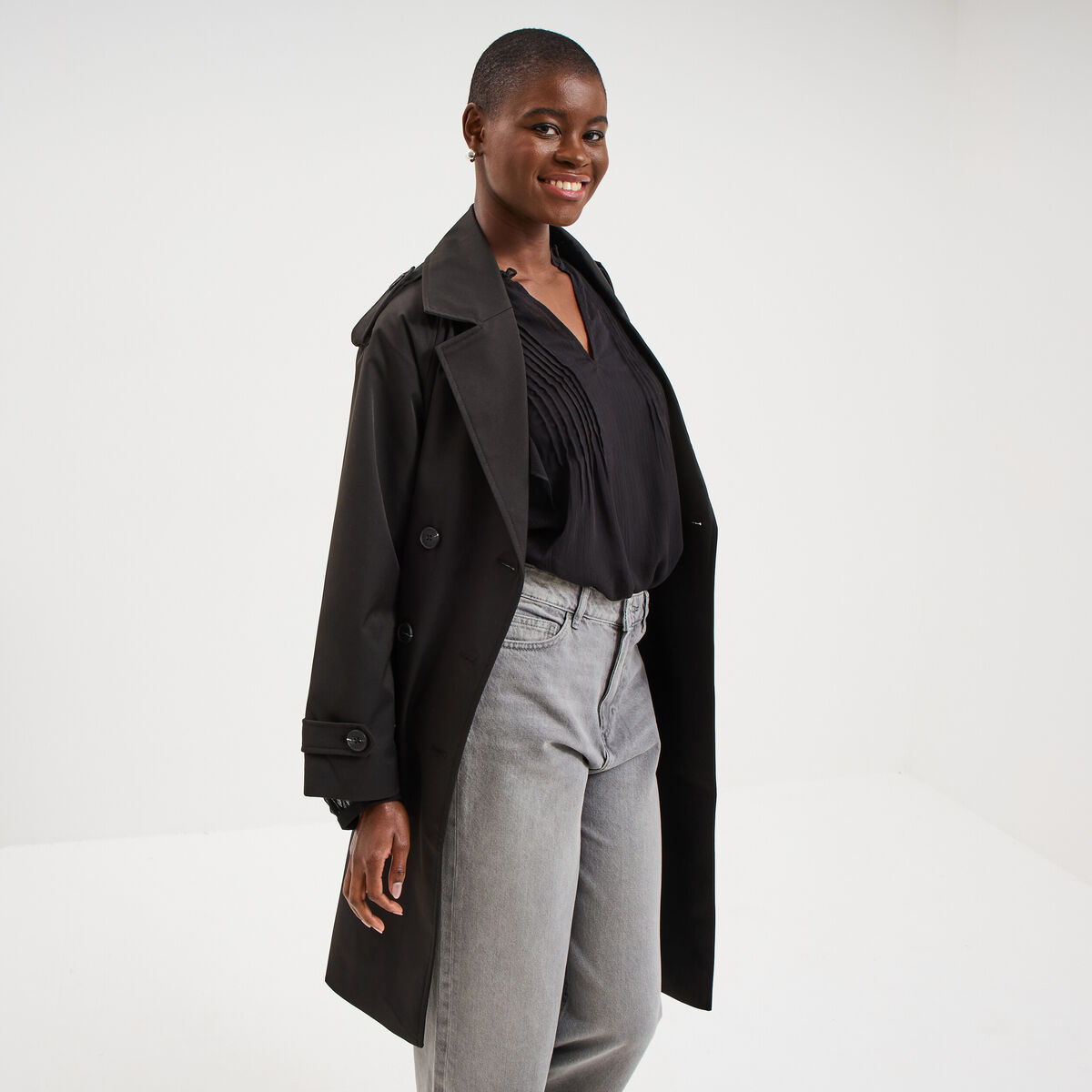 Trench long ceintur&eacute; noir femme