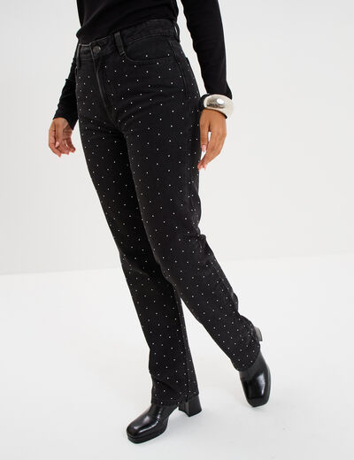 Jean droit &agrave; strass taille haute denim noir femme