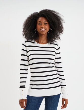 Pull col rond boutons aux poignets ecru femme