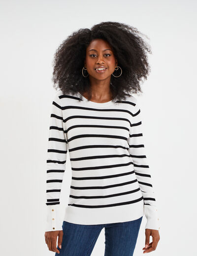 Pull col rond boutons aux poignets ecru femme