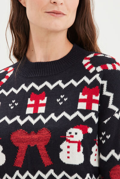 Pull de Noël manches longues et col rond bleu marine femme