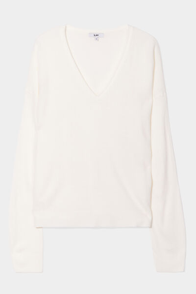 Pull col en V manches longues blanc femme