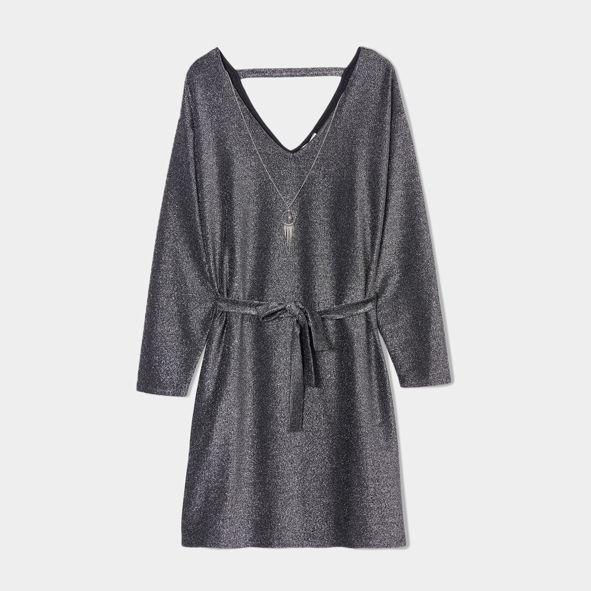 Robe bijou manches 3/4 chauves-souris gris argent femme grande taille