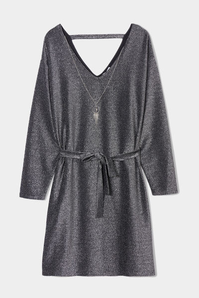 Robe bijou manches 3/4 chauves-souris gris argent femme grande taille