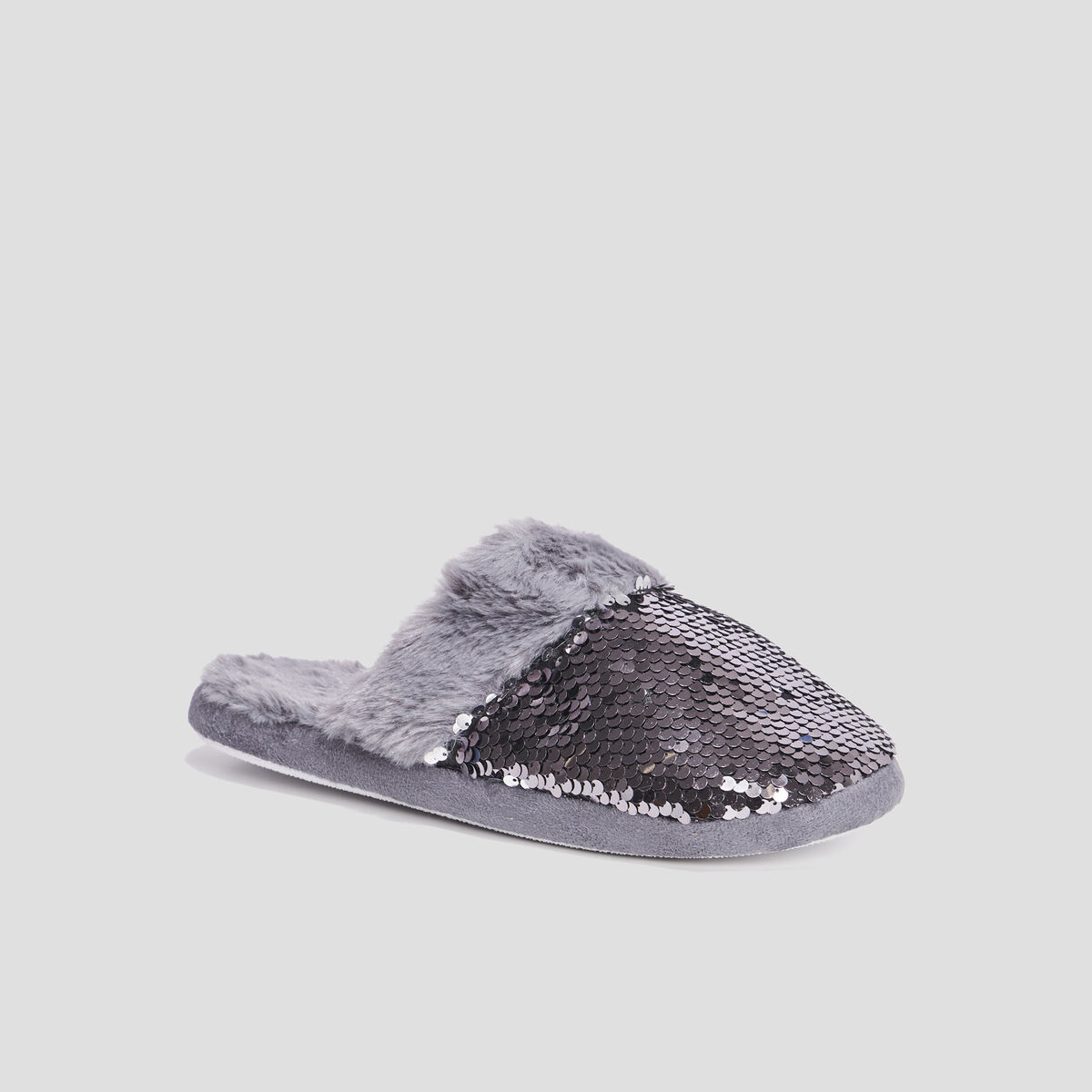 Chaussons mules sequins et fourrure gris femme