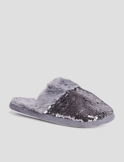 Chaussons mules sequins et fourrure gris femme