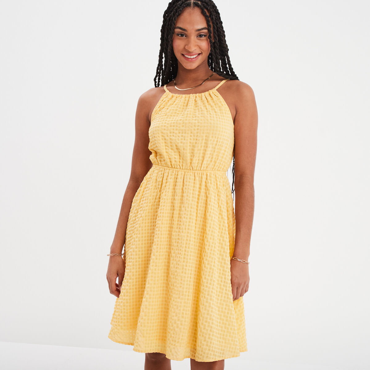 Robe longueur genou &eacute;vas&eacute;e &agrave; bretelles jaune clair femme