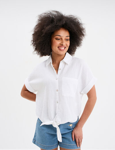 Chemise nouée manches courtes gaze coton blanc femme