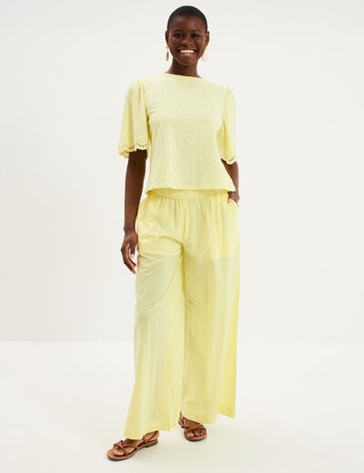 T-shirt brod&eacute; manches courtes coton jaune clair femme