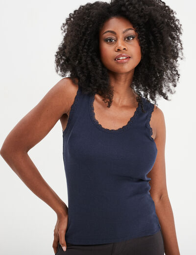 Débardeur coton bords dentelle bleu marine femme