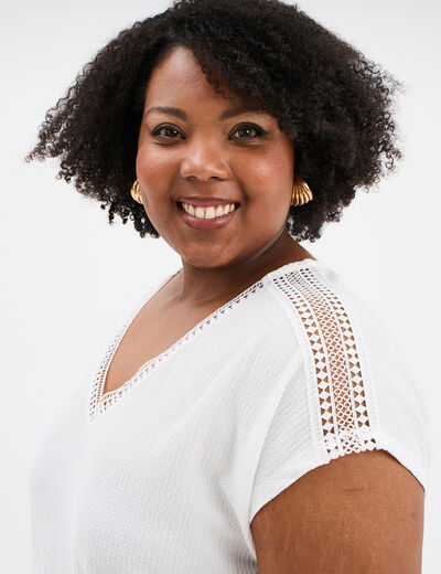 T-shirt bandes dentelle col en V blanc femme grande taille