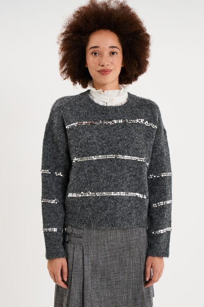 Pull col rond &agrave; sequins manches longues gris femme