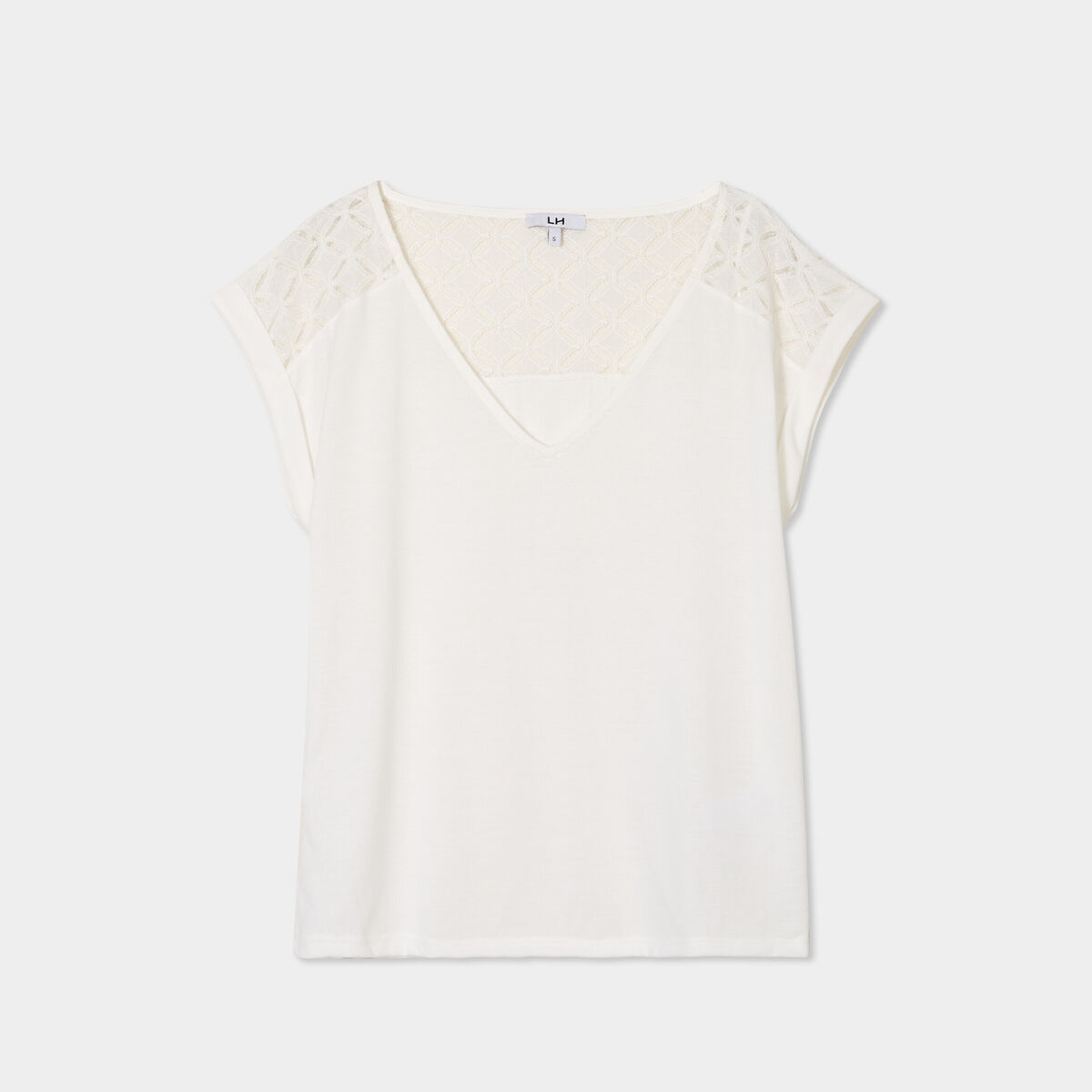T-shirt col en V dentelle épaules et dos blanc femme