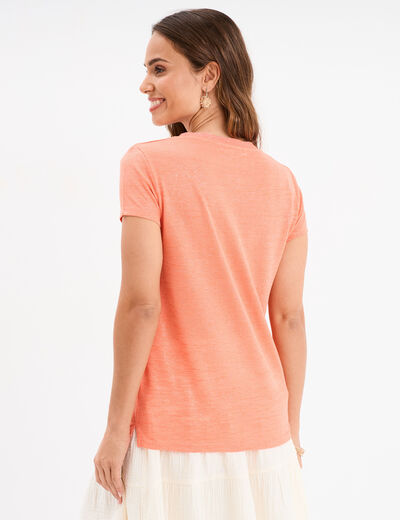 T-shirt col en V manches courtes rose corail femme