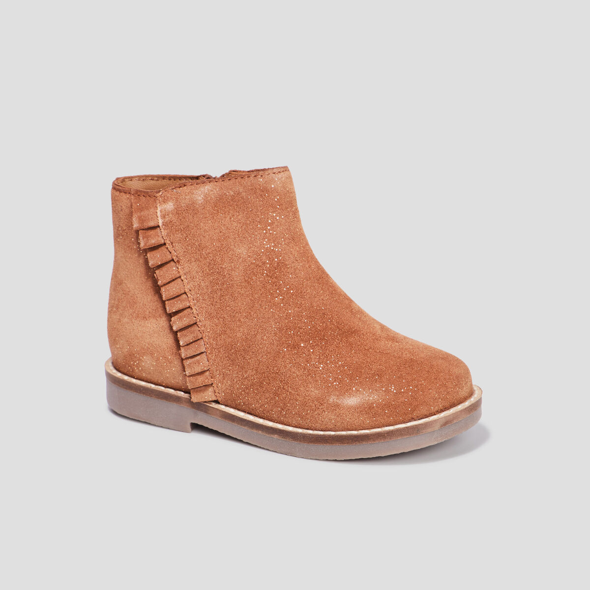 Bottines &agrave; volants bout rond en cuir camel fille