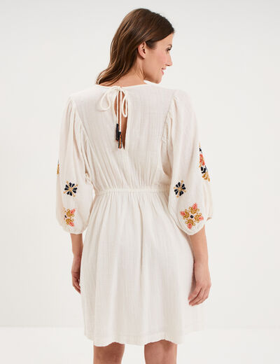 Robe courte brod&eacute;e taille &eacute;lastiqu&eacute;e ecru femme