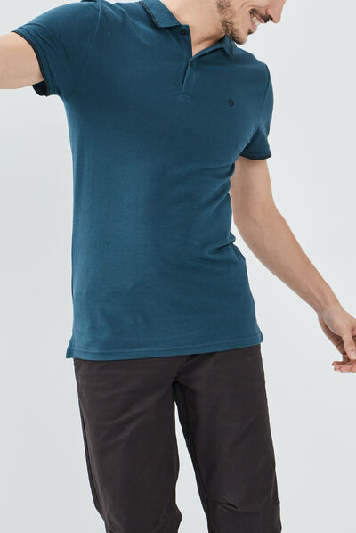 Polo manches courtes bords contrastés bleu canard homme