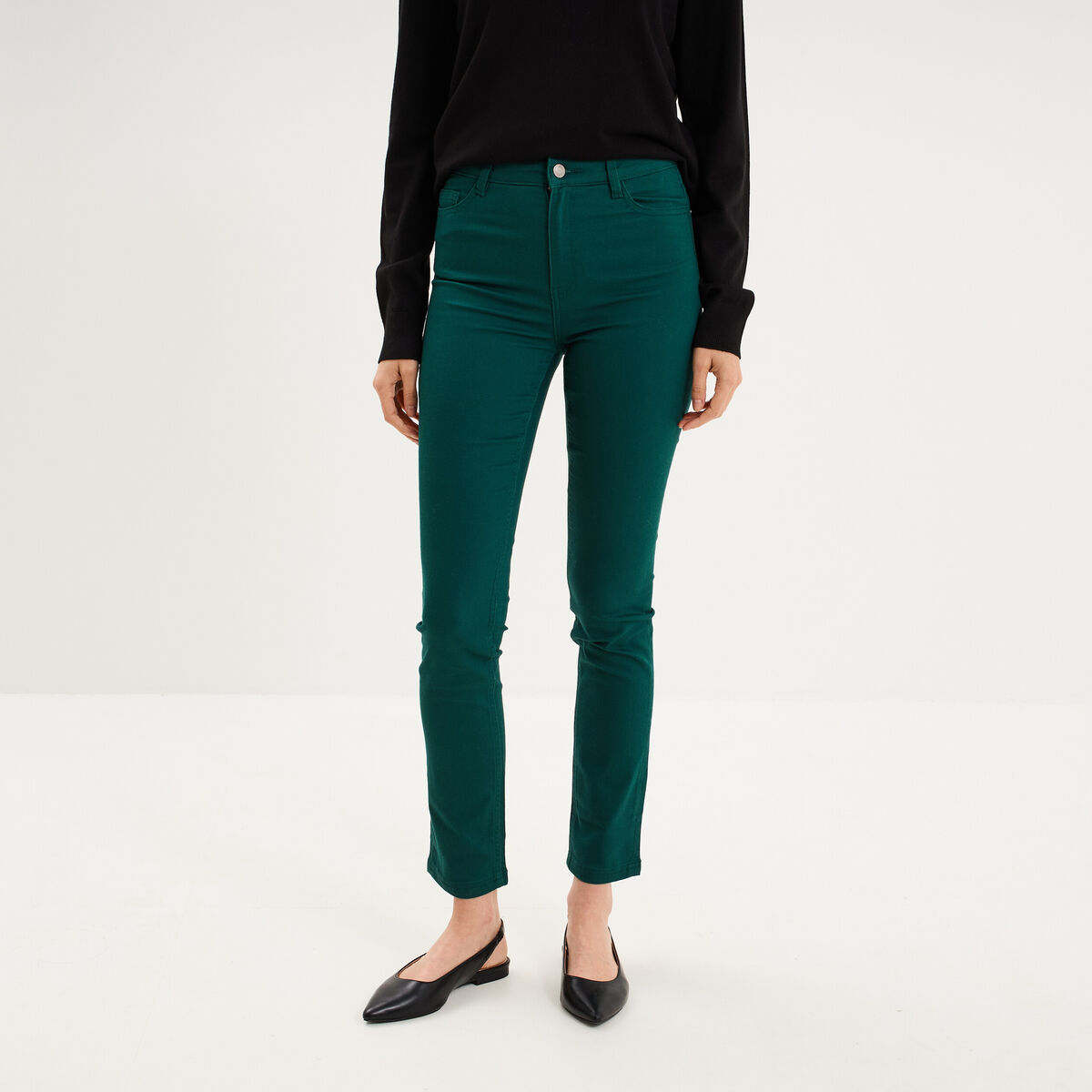 Pantalon slim stretch vert fonc&eacute; femme