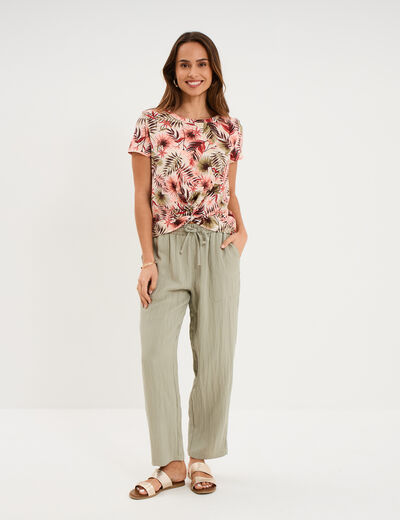 Pantalon fluide carotte &eacute;lastiqu&eacute;e vert kaki femme