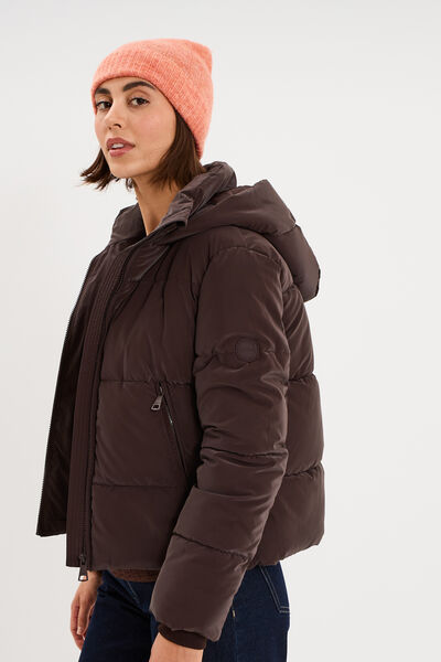 Doudoune courte imperm&eacute;able &agrave; capuche marron fonc&eacute; femme