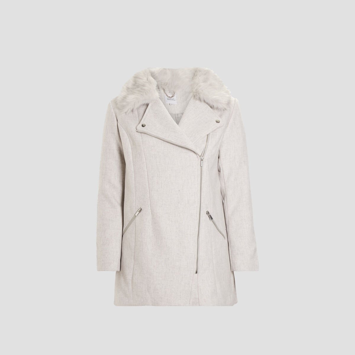 Manteau mi-long col imitation fourrure gris femme grande taille