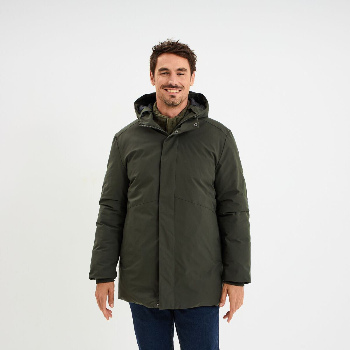 Parka mi-longue &agrave; capuche vert kaki homme