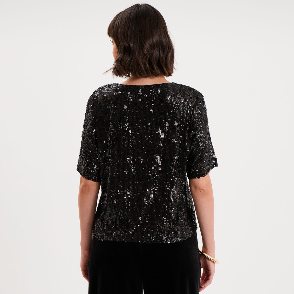 T-shirt &agrave; sequins manches courtes noir femme