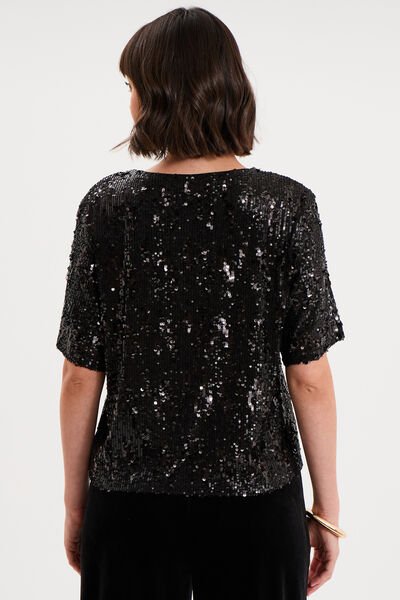 T-shirt &agrave; sequins manches courtes noir femme