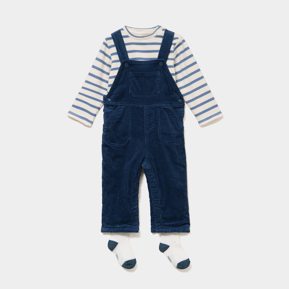 Ensemble 3 pi&egrave;ces avec salopette velours bleu turquoise b&eacute;b&eacute; gar&ccedil;on