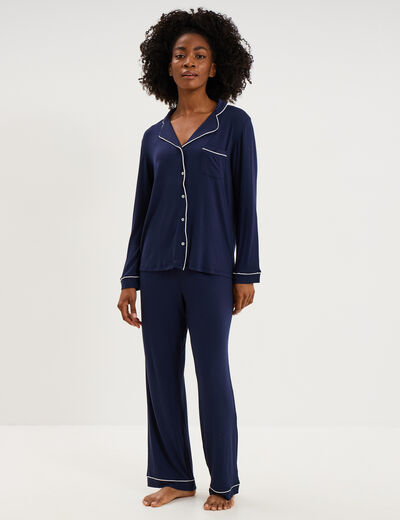 Ensemble pyjama pantalon et chemise bleu marine femme