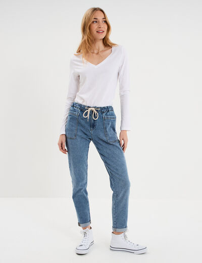 T-shirt col en V manches longues coton blanc femme