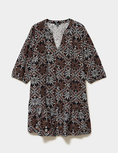 Robe courte col tunisien manches 3/4 noir femme grande taille