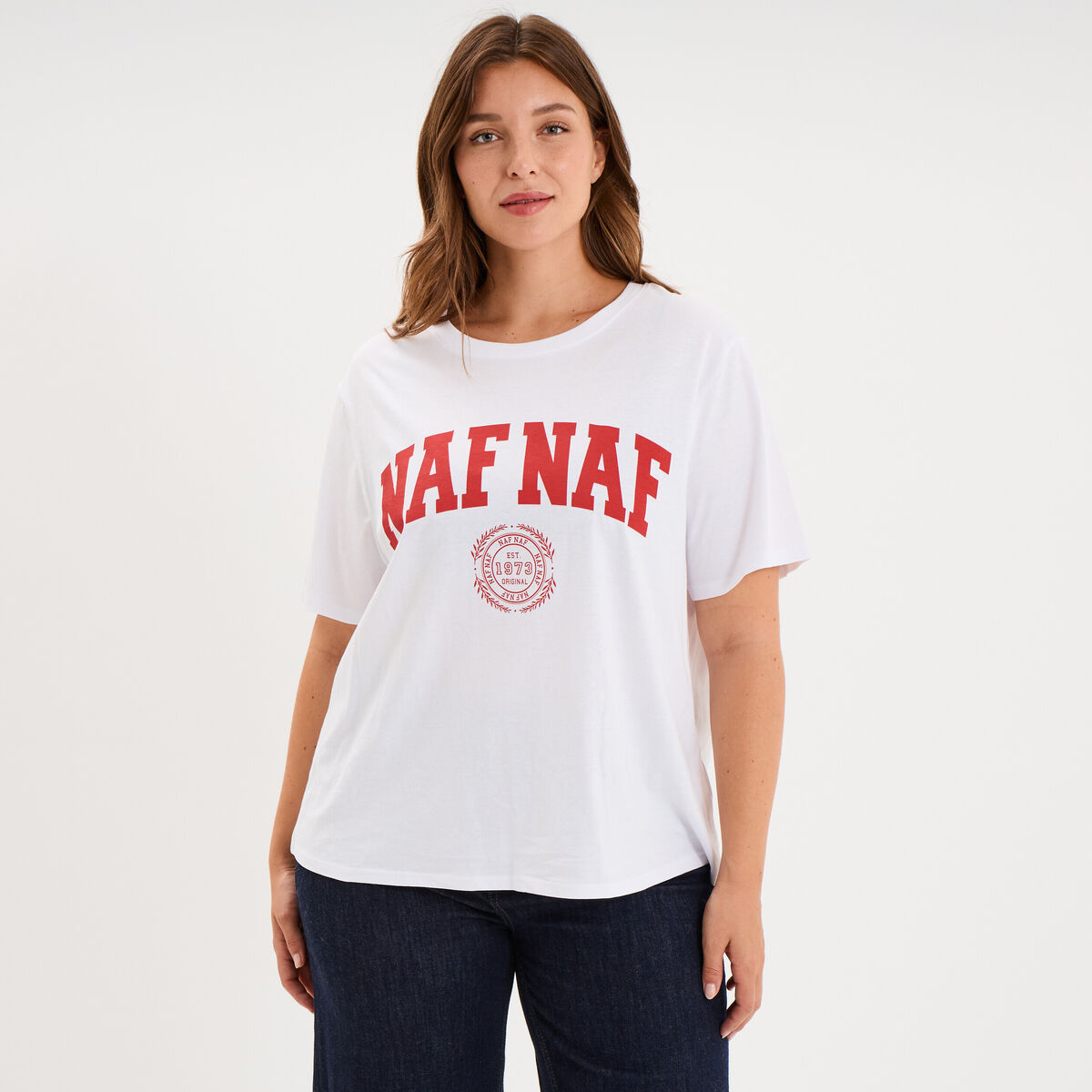 T-shirt loose logo NAF NAF floqu&eacute; blanc femme grande taille
