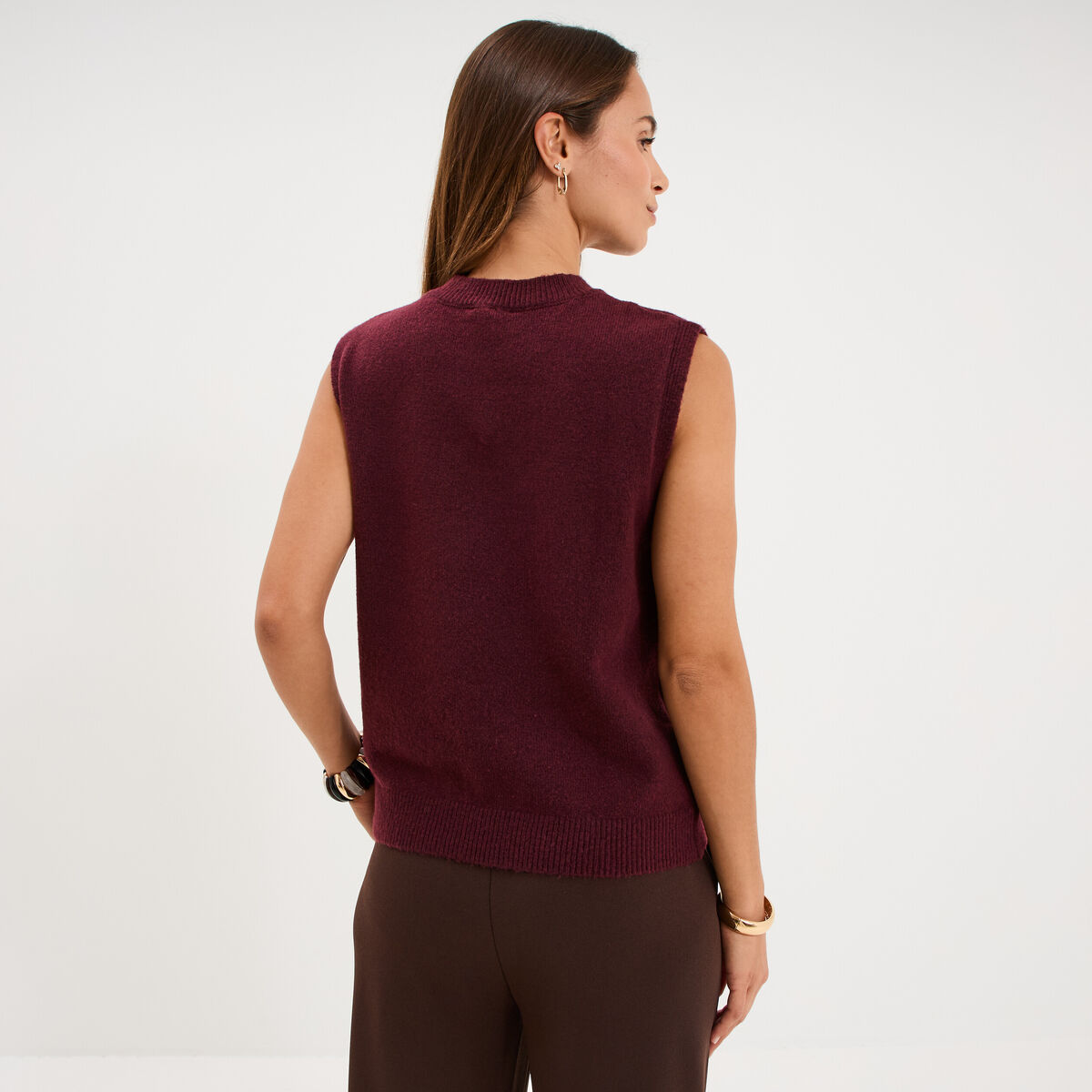 Pull sans manches col rond violet fonc&eacute; femme