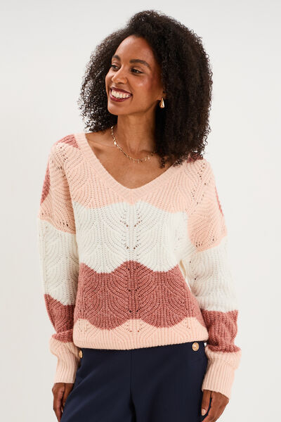 Pull col V ajour&eacute; manches longues rose clair femme
