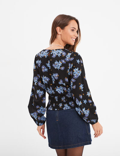 Blouse cache-coeur taille smockée noir femme