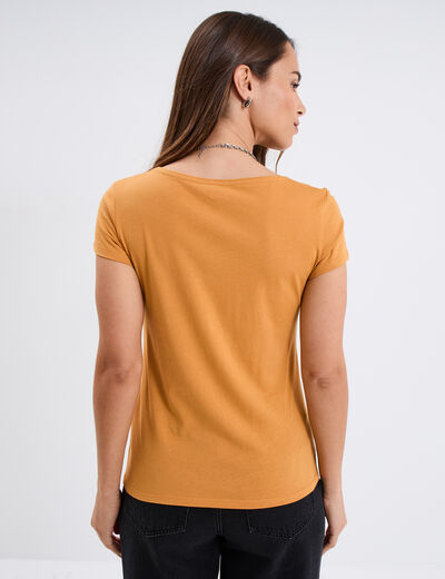 T-shirt coton col rond manches courtes jaune moutarde femme