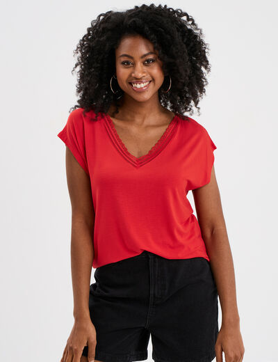 T-shirt col en V manches courtes rouge femme