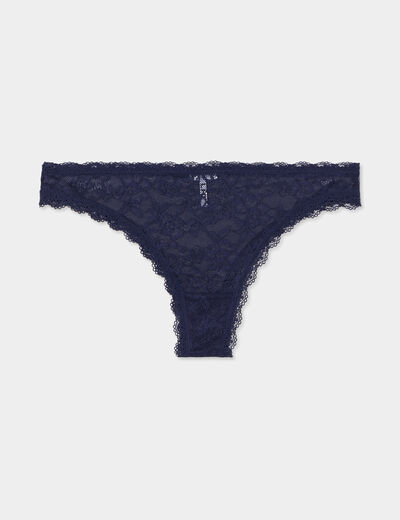 Tanga en dentelle doublure coton bleu marine femme